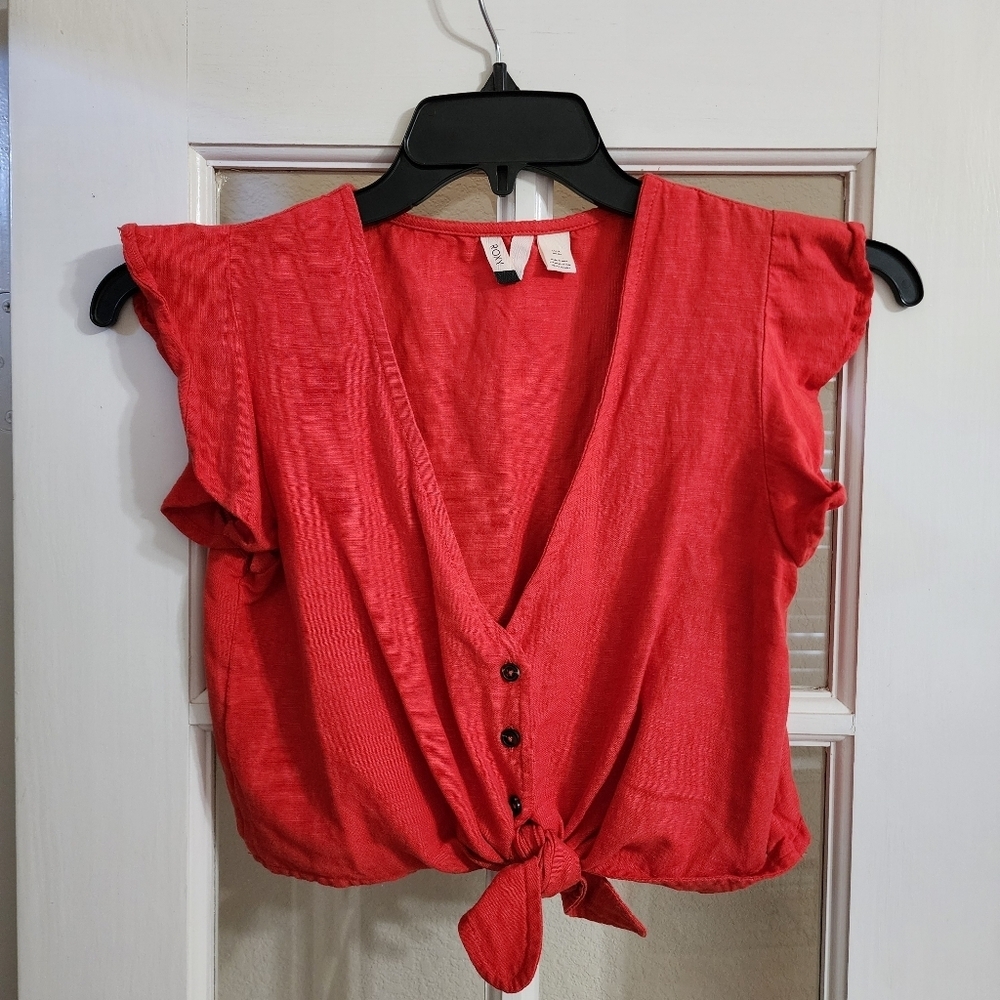 Roxy Red Tie Front Crop Top Flutter Sleeve Boho Small